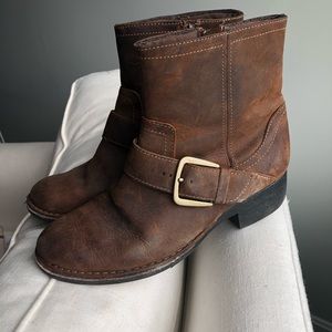 Broken-in brown leather Clarks ankle motorcycle boots
